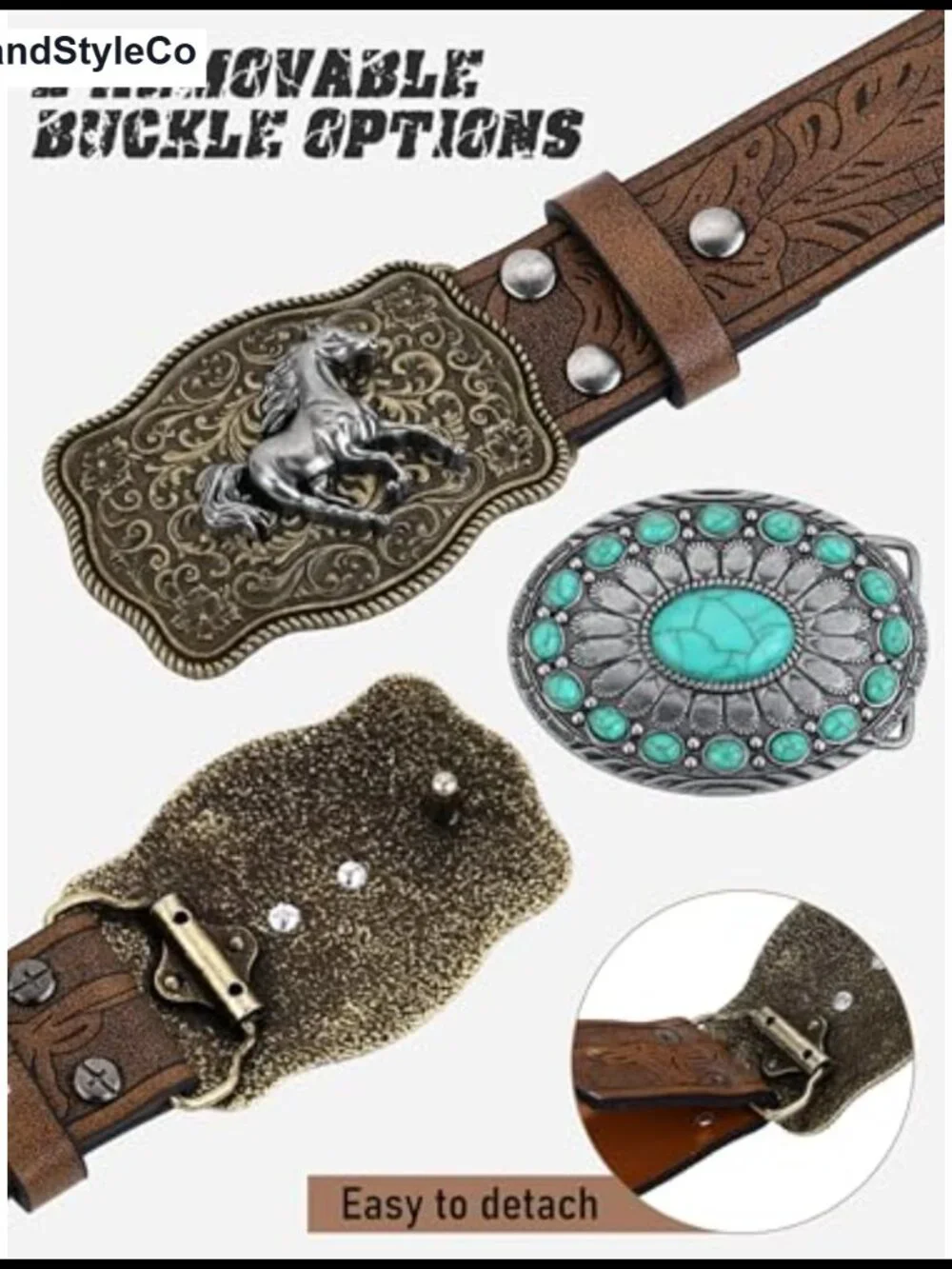 Cowboy Belt Set with Removable Mustang & Turquoise Buckles PU Leather